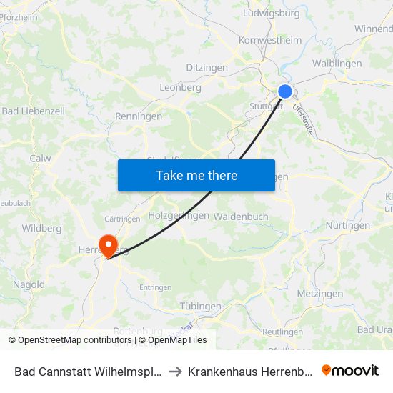 Bad Cannstatt Wilhelmsplatz to Krankenhaus Herrenberg map