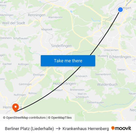 Berliner Platz (Liederhalle) to Krankenhaus Herrenberg map