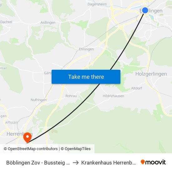 Böblingen Zov -  Bussteig 15 to Krankenhaus Herrenberg map