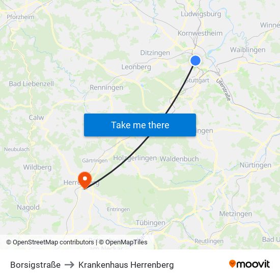 Borsigstraße to Krankenhaus Herrenberg map