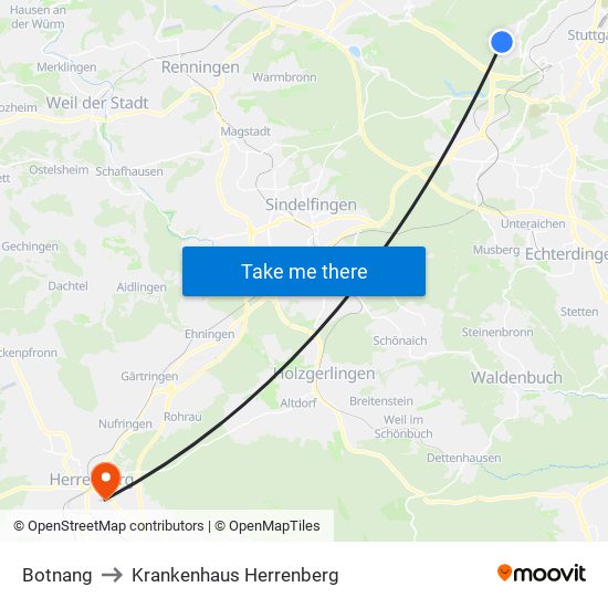 Botnang to Krankenhaus Herrenberg map