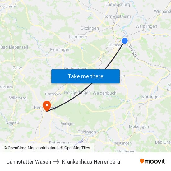 Cannstatter Wasen to Krankenhaus Herrenberg map