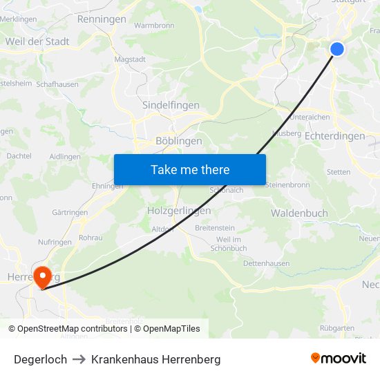 Degerloch to Krankenhaus Herrenberg map