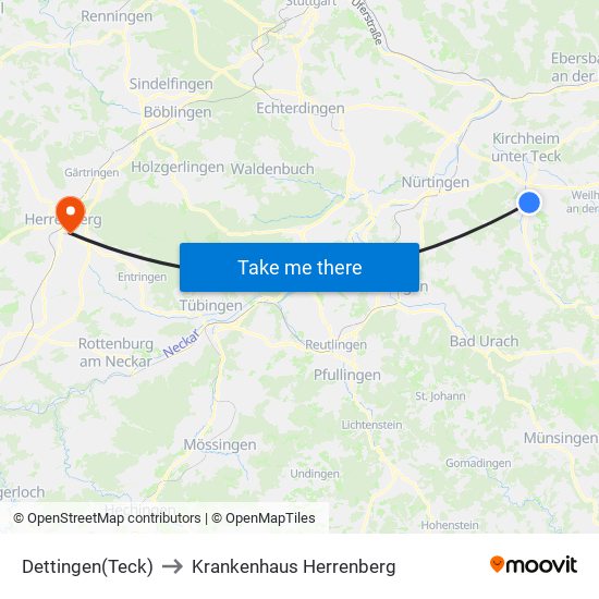 Dettingen(Teck) to Krankenhaus Herrenberg map