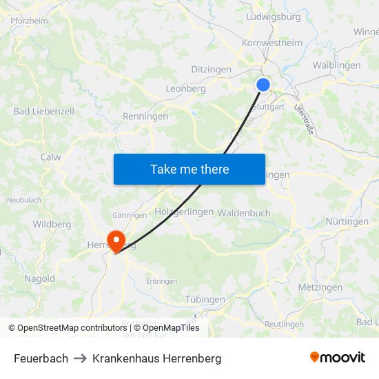 Feuerbach to Krankenhaus Herrenberg map