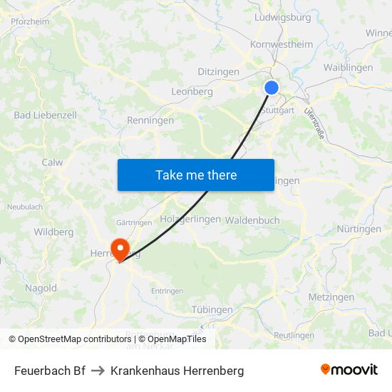 Feuerbach Bf to Krankenhaus Herrenberg map