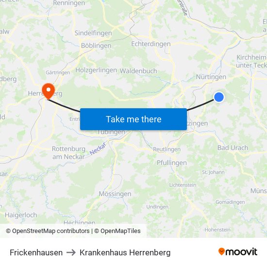 Frickenhausen to Krankenhaus Herrenberg map