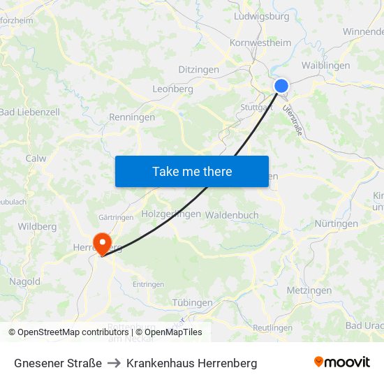 Gnesener Straße to Krankenhaus Herrenberg map