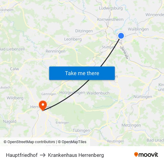 Hauptfriedhof to Krankenhaus Herrenberg map