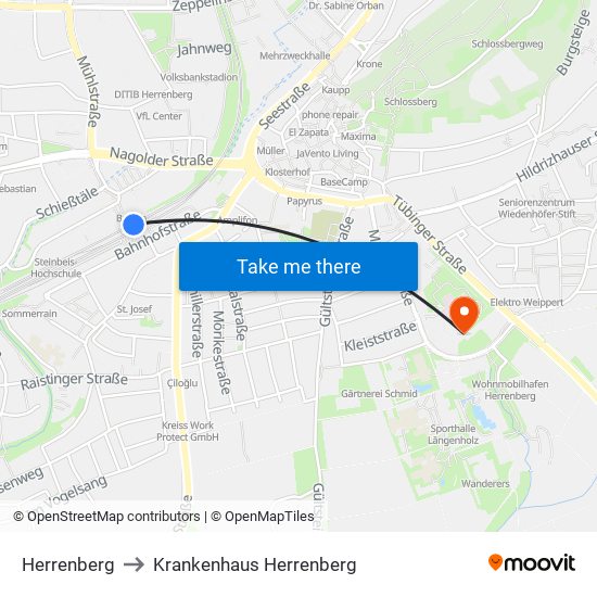 Herrenberg to Krankenhaus Herrenberg map