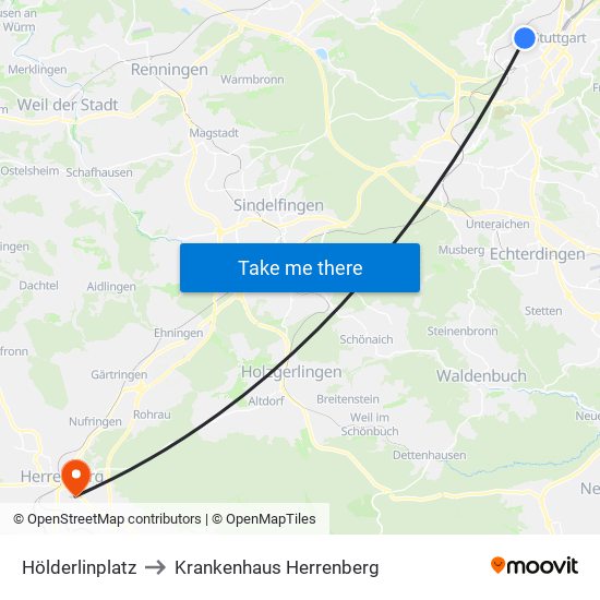 Hölderlinplatz to Krankenhaus Herrenberg map