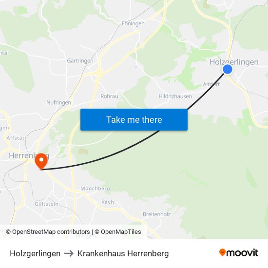 Holzgerlingen to Krankenhaus Herrenberg map