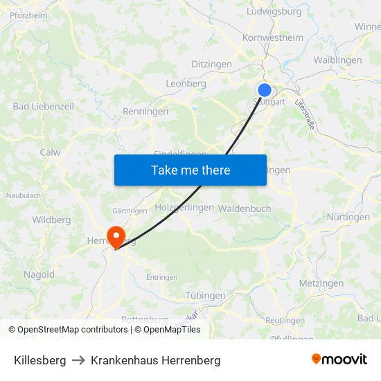 Killesberg to Krankenhaus Herrenberg map