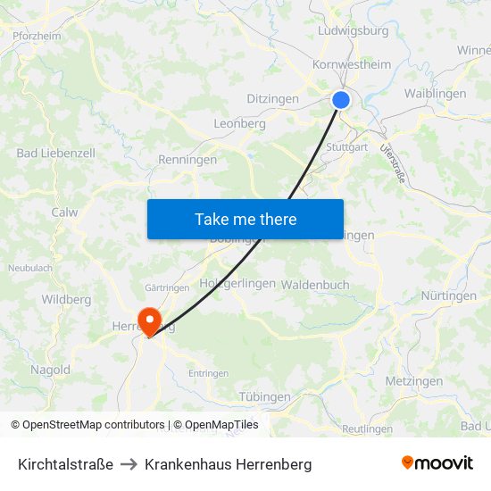 Kirchtalstraße to Krankenhaus Herrenberg map