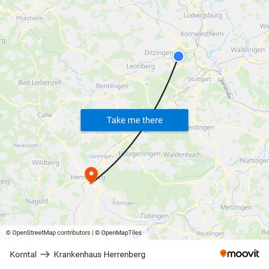 Korntal to Krankenhaus Herrenberg map