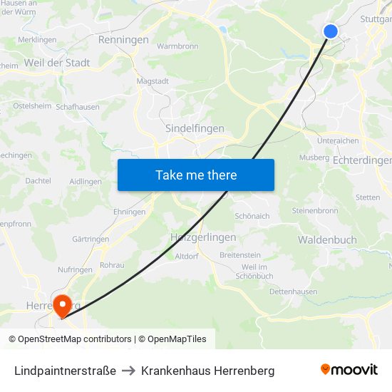 Lindpaintnerstraße to Krankenhaus Herrenberg map