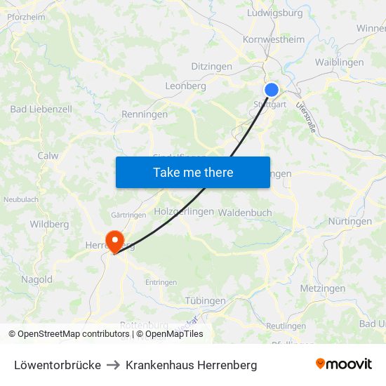 Löwentorbrücke to Krankenhaus Herrenberg map