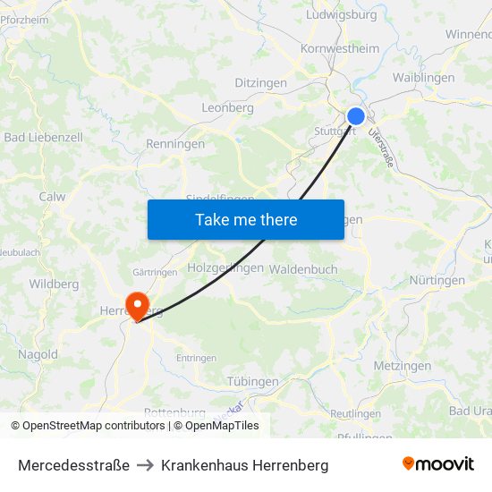 Mercedesstraße to Krankenhaus Herrenberg map