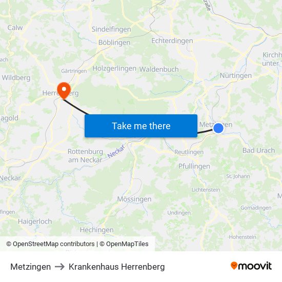 Metzingen to Krankenhaus Herrenberg map