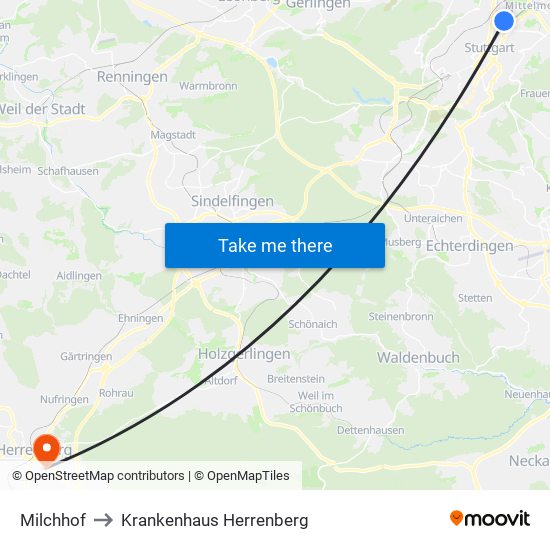Milchhof to Krankenhaus Herrenberg map