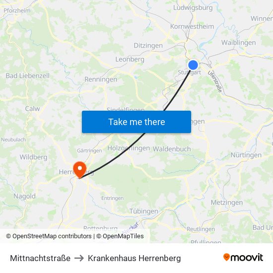 Mittnachtstraße to Krankenhaus Herrenberg map