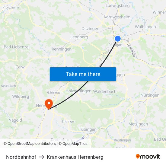 Nordbahnhof to Krankenhaus Herrenberg map
