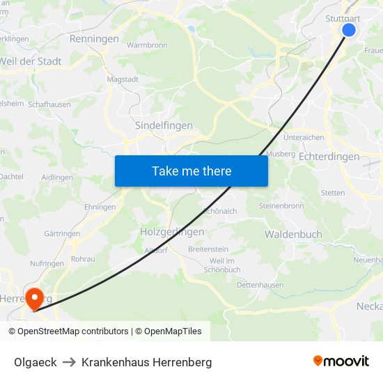 Olgaeck to Krankenhaus Herrenberg map