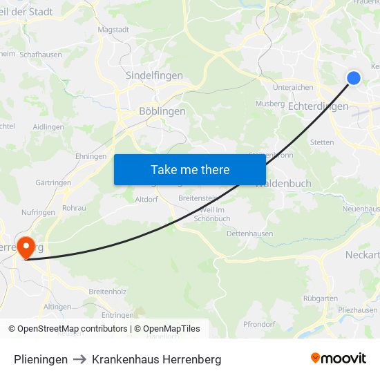 Plieningen to Krankenhaus Herrenberg map