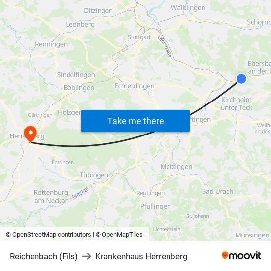 Reichenbach (Fils) to Krankenhaus Herrenberg map