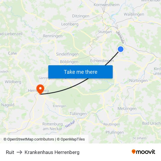 Ruit to Krankenhaus Herrenberg map