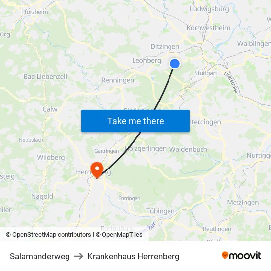 Salamanderweg to Krankenhaus Herrenberg map