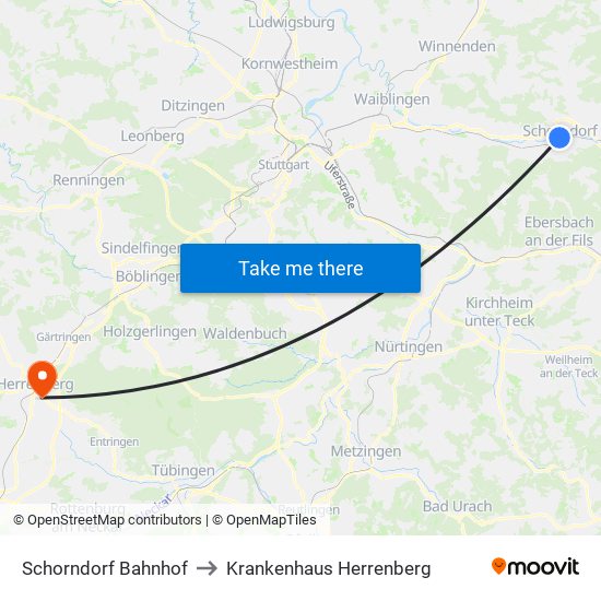 Schorndorf Bahnhof to Krankenhaus Herrenberg map
