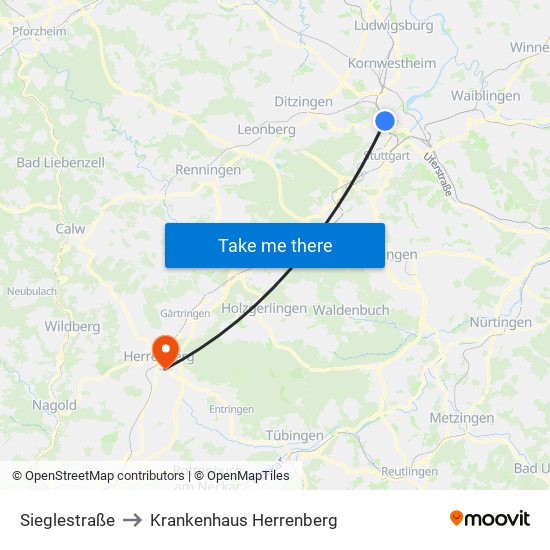 Sieglestraße to Krankenhaus Herrenberg map