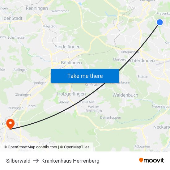 Silberwald to Krankenhaus Herrenberg map