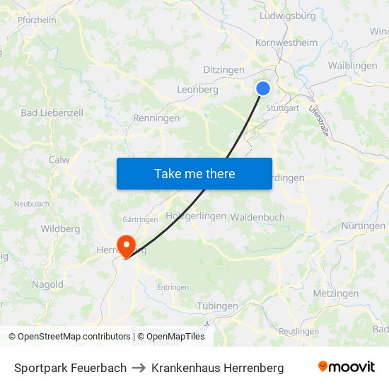Sportpark Feuerbach to Krankenhaus Herrenberg map