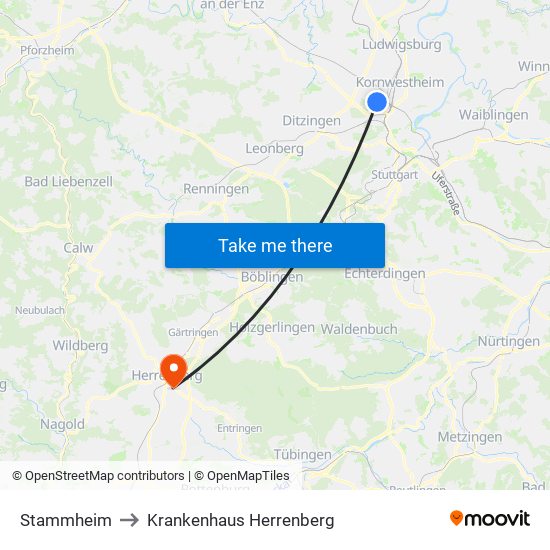 Stammheim to Krankenhaus Herrenberg map