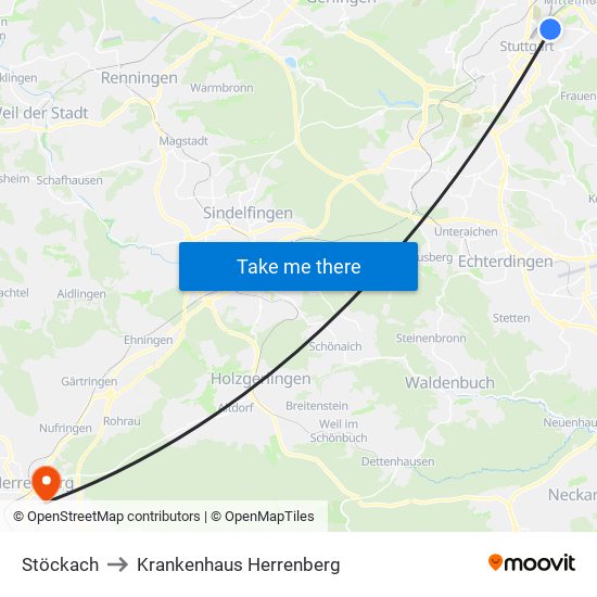 Stöckach to Krankenhaus Herrenberg map