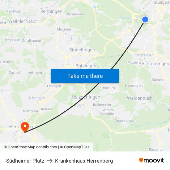 Südheimer Platz to Krankenhaus Herrenberg map