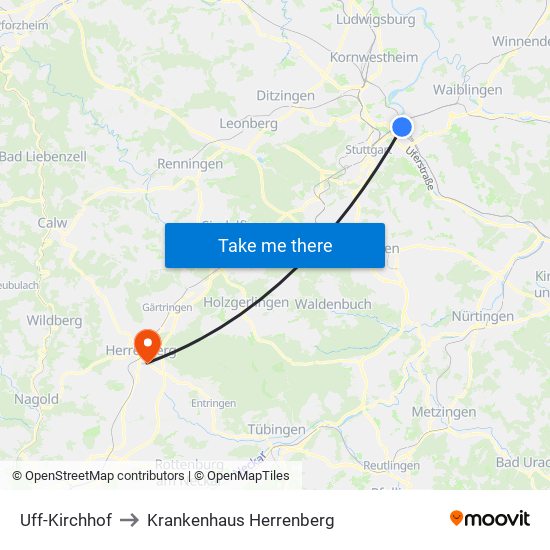 Uff-Kirchhof to Krankenhaus Herrenberg map