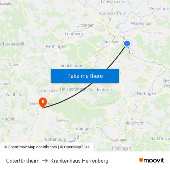 Untertürkheim to Krankenhaus Herrenberg map
