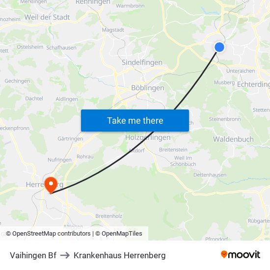 Vaihingen Bf to Krankenhaus Herrenberg map