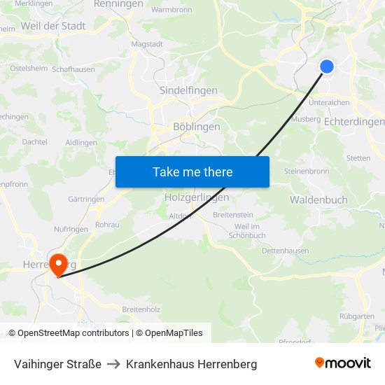 Vaihinger Straße to Krankenhaus Herrenberg map