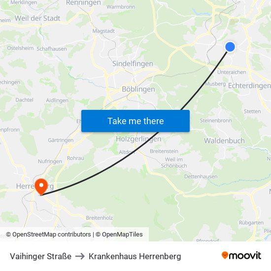 Vaihinger Straße to Krankenhaus Herrenberg map