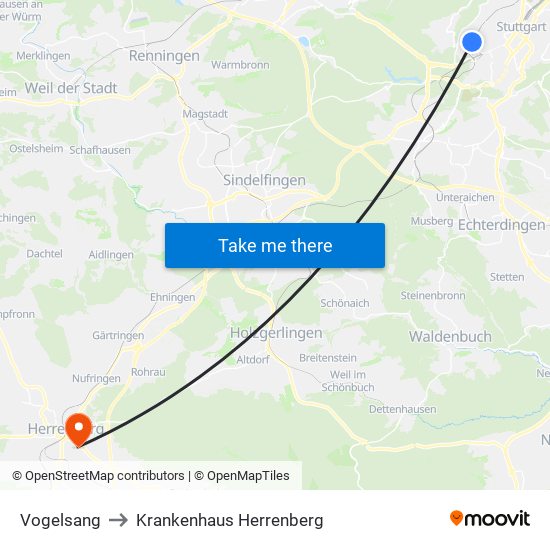 Vogelsang to Krankenhaus Herrenberg map