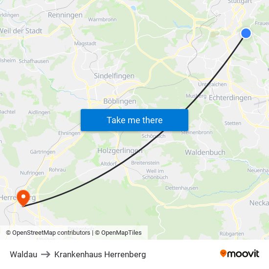 Waldau to Krankenhaus Herrenberg map