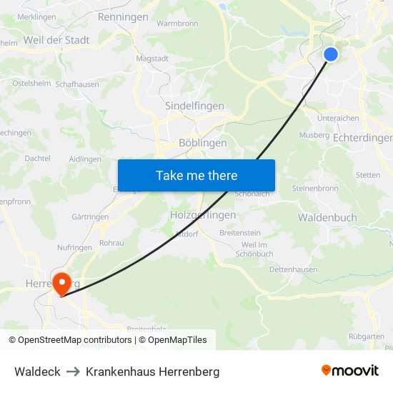 Waldeck to Krankenhaus Herrenberg map