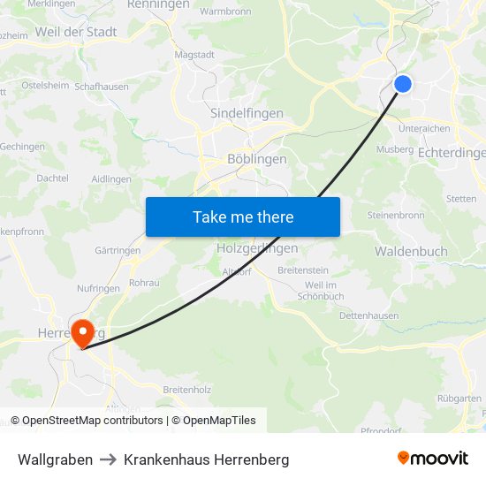 Wallgraben to Krankenhaus Herrenberg map
