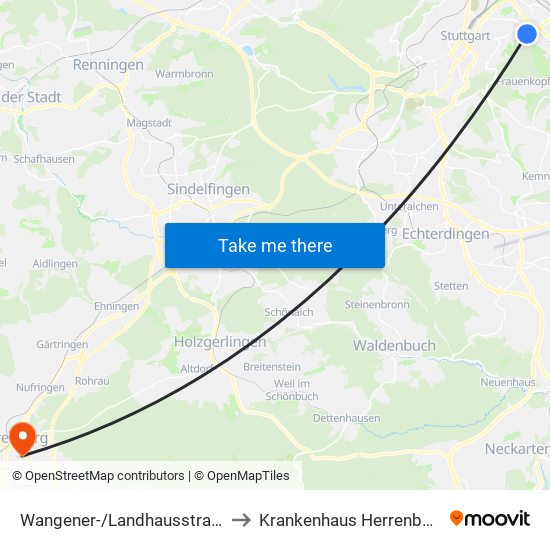 Wangener-/Landhausstraße to Krankenhaus Herrenberg map