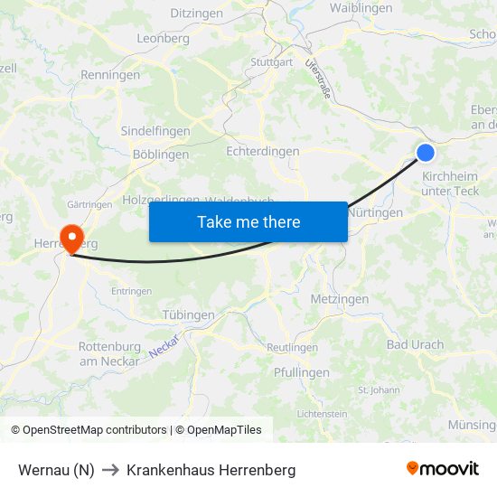 Wernau (N) to Krankenhaus Herrenberg map