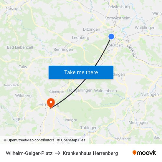 Wilhelm-Geiger-Platz to Krankenhaus Herrenberg map